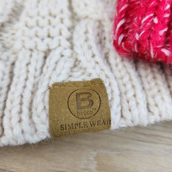 🧚‍♂️NWT Basico Beige & Red Chunky Knit Pair of Unisex Slouchy Beanie Hats - Picture 8 of 12